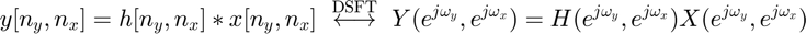 $$ y[n_y,n_x] = h[n_y,n_x] \ast x[n_y,n_x] \
   \stackrel{\mathrm{DSFT}}{\longleftrightarrow}\
  Y(e^{j\omega_y},e^{j\omega_x}) =
  H(e^{j\omega_y},e^{j\omega_x})X(e^{j\omega_y},e^{j\omega_x}) $$